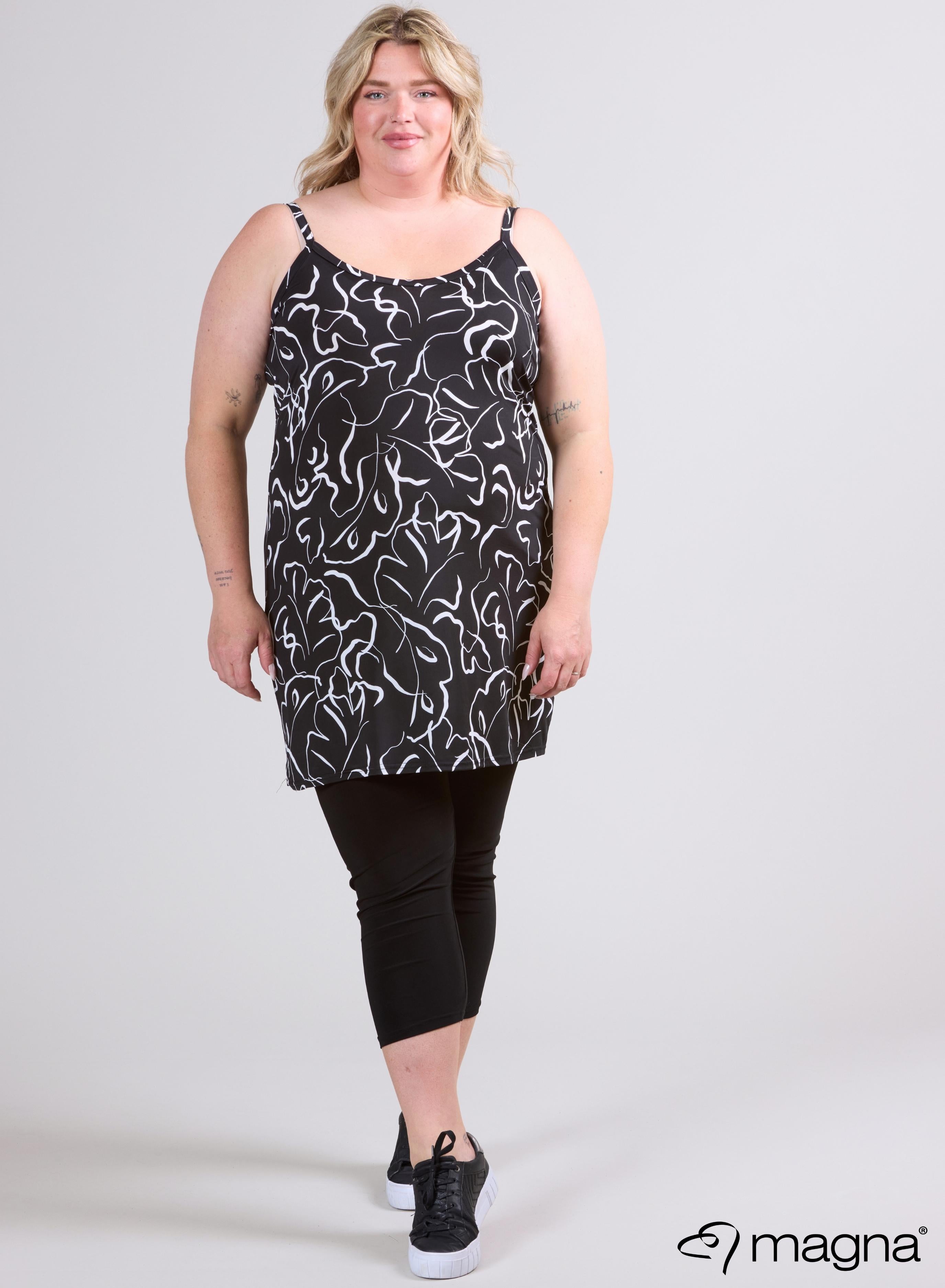 Magna Lange Spaghetti-Tunika Kleines Wellenmuster S/W