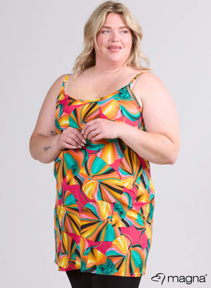 C-0027 - Bedrukte lange top met spaghettibandjes in roze, aqua en oranje.