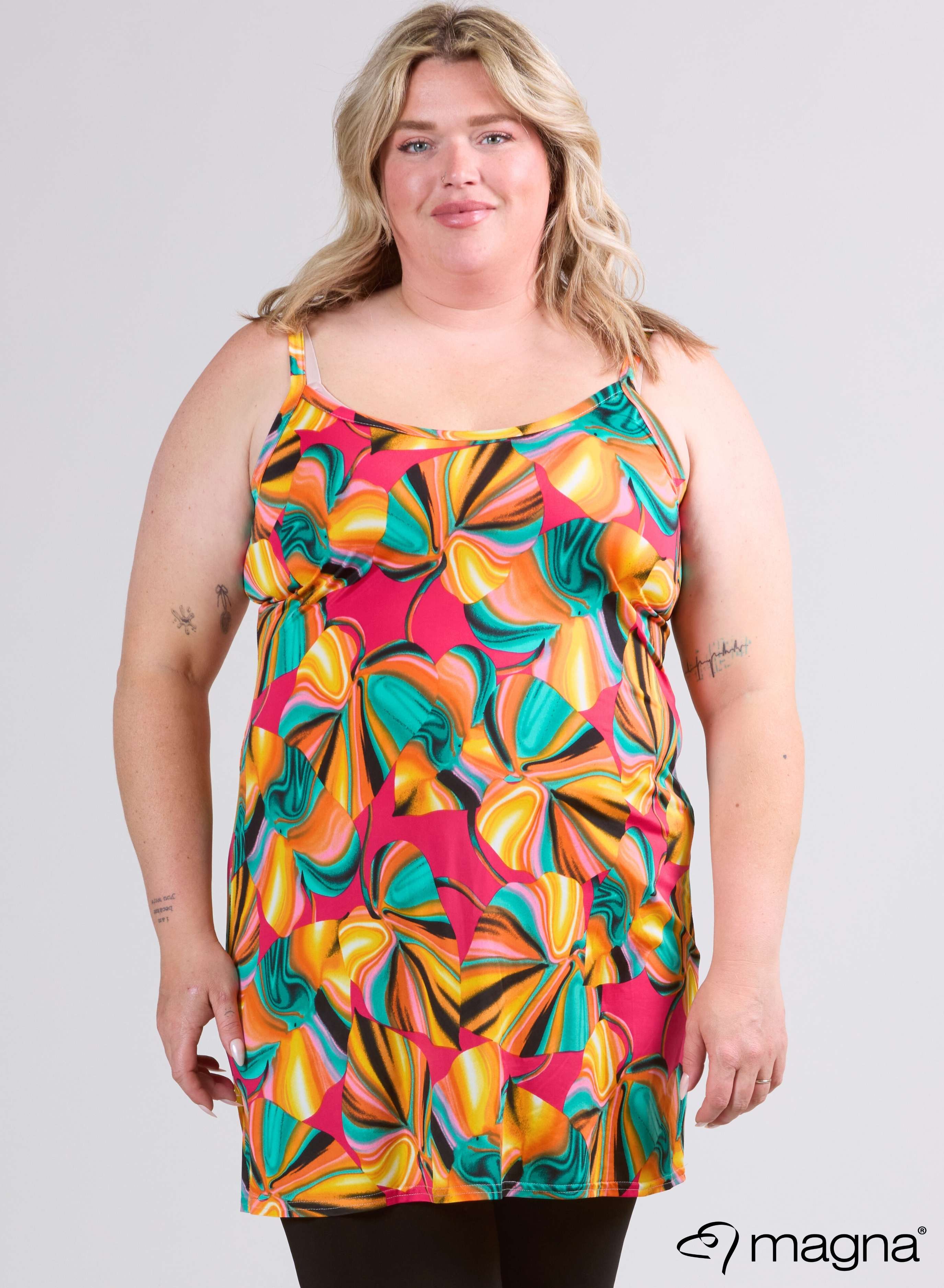 Magna Long Spaghetti Tunic Pink Aqua Orange Print