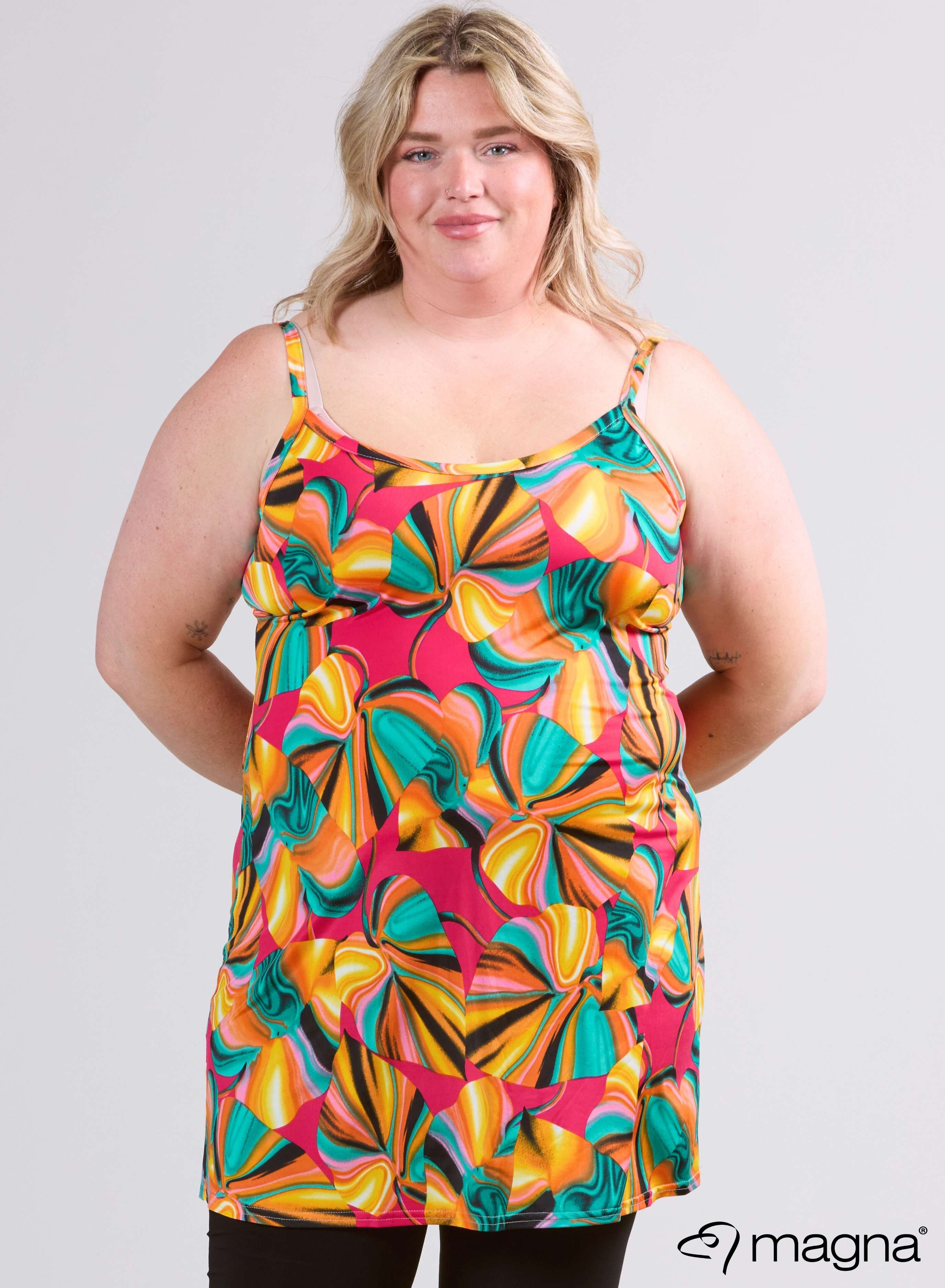 Magna Long Spaghetti Tunic Pink Aqua Orange Print