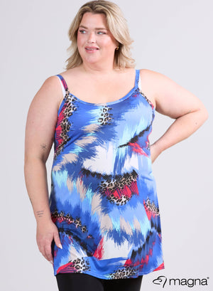 Magna Lange Spaghetti-Tunika Animal Blau und Pink