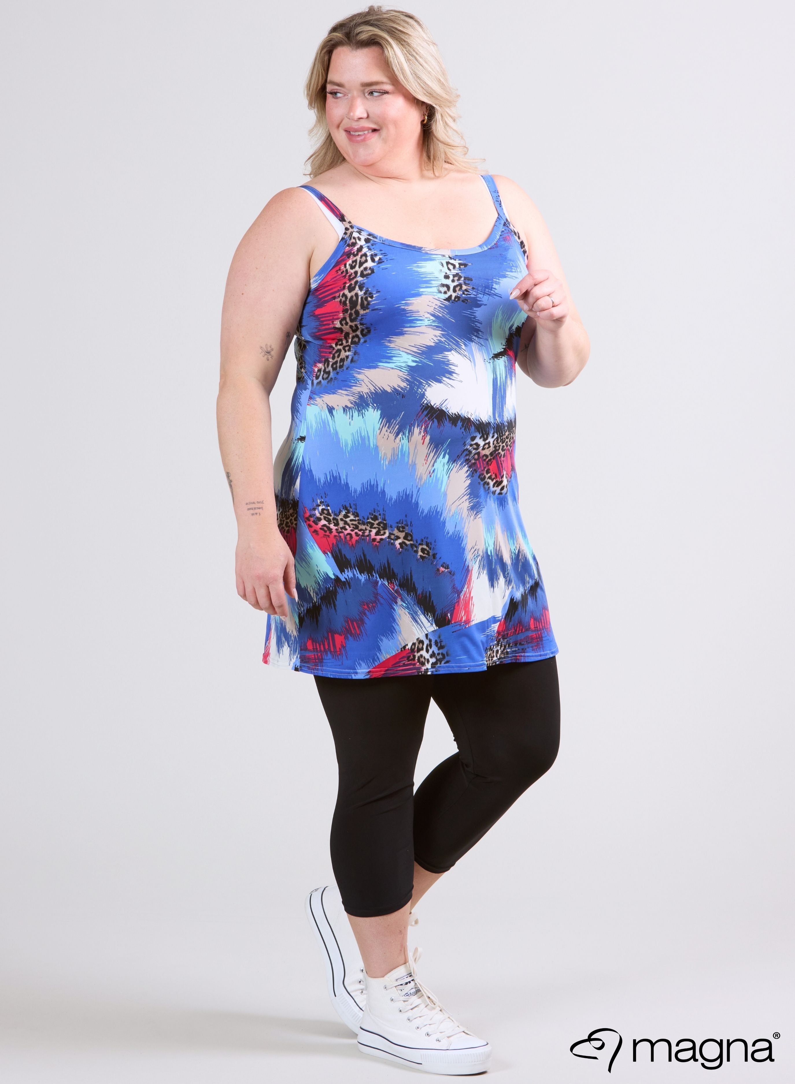 Magna Lange Spaghetti-Tunika Animal Blau und Pink