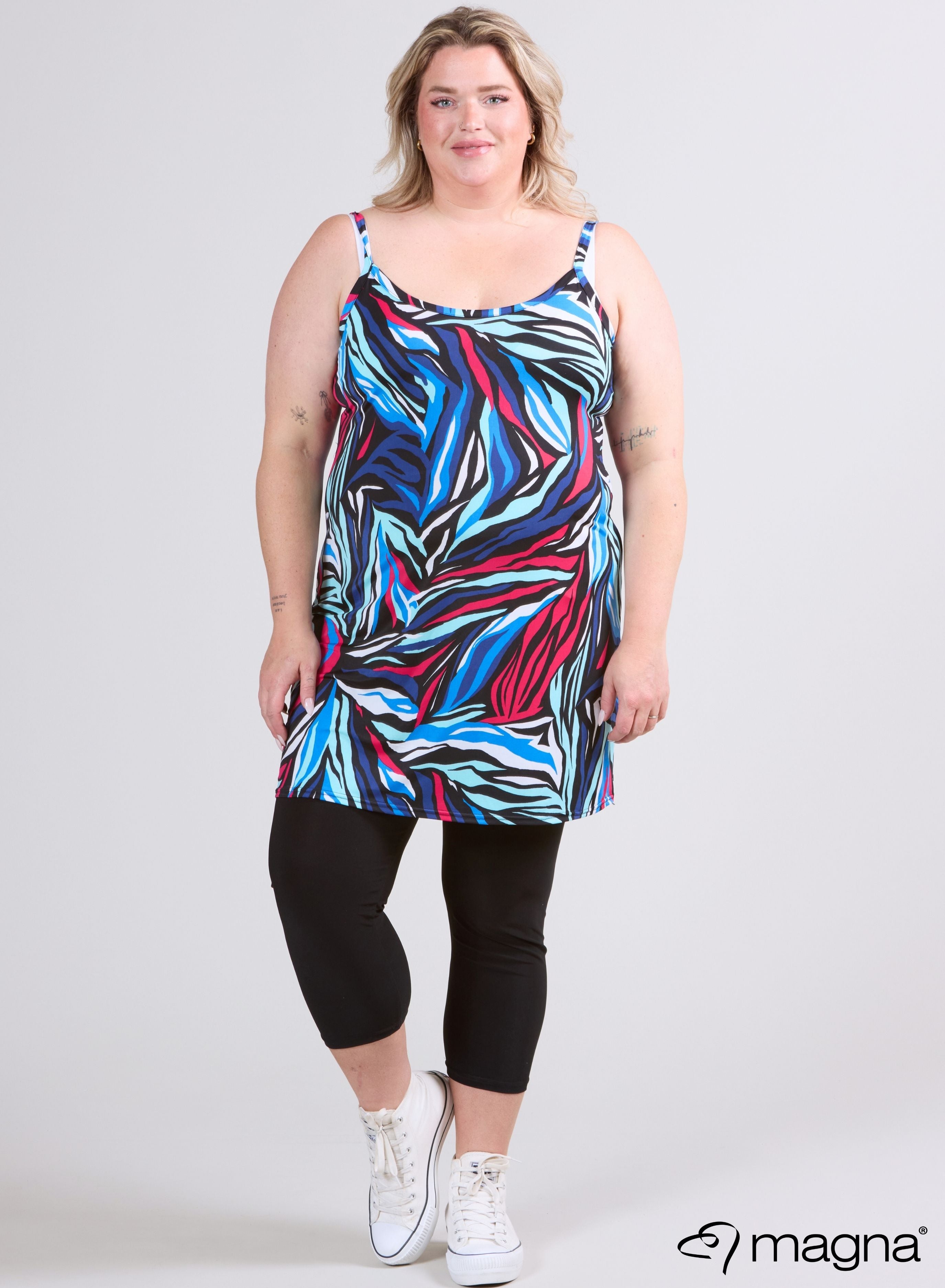 Magna Lange Spaghetti Tuniek Kleurrijk Zebrapatroon Turqoise/Roze