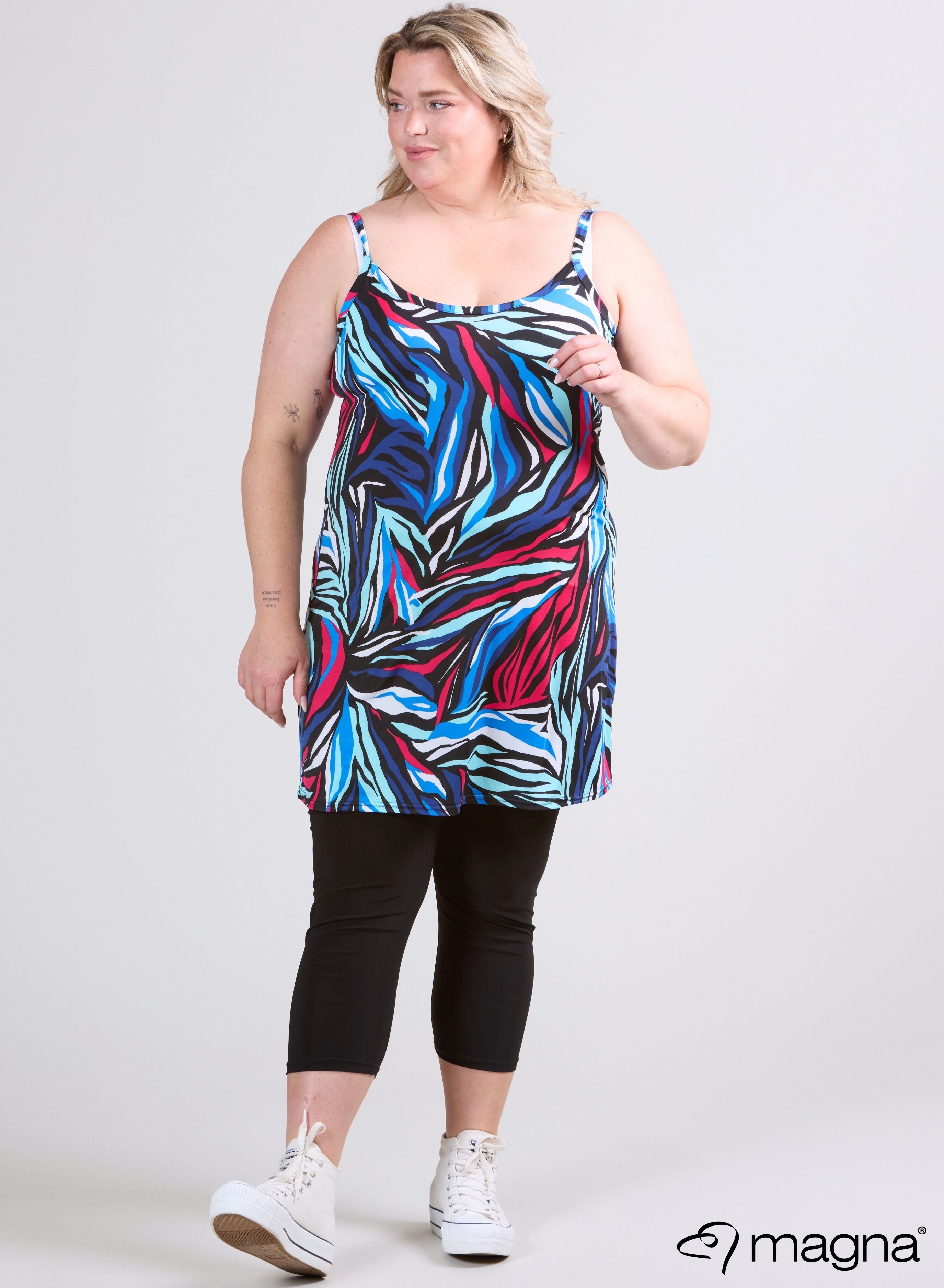 Magna Lange Spaghetti Tuniek Kleurrijk Zebrapatroon Turqoise/Roze