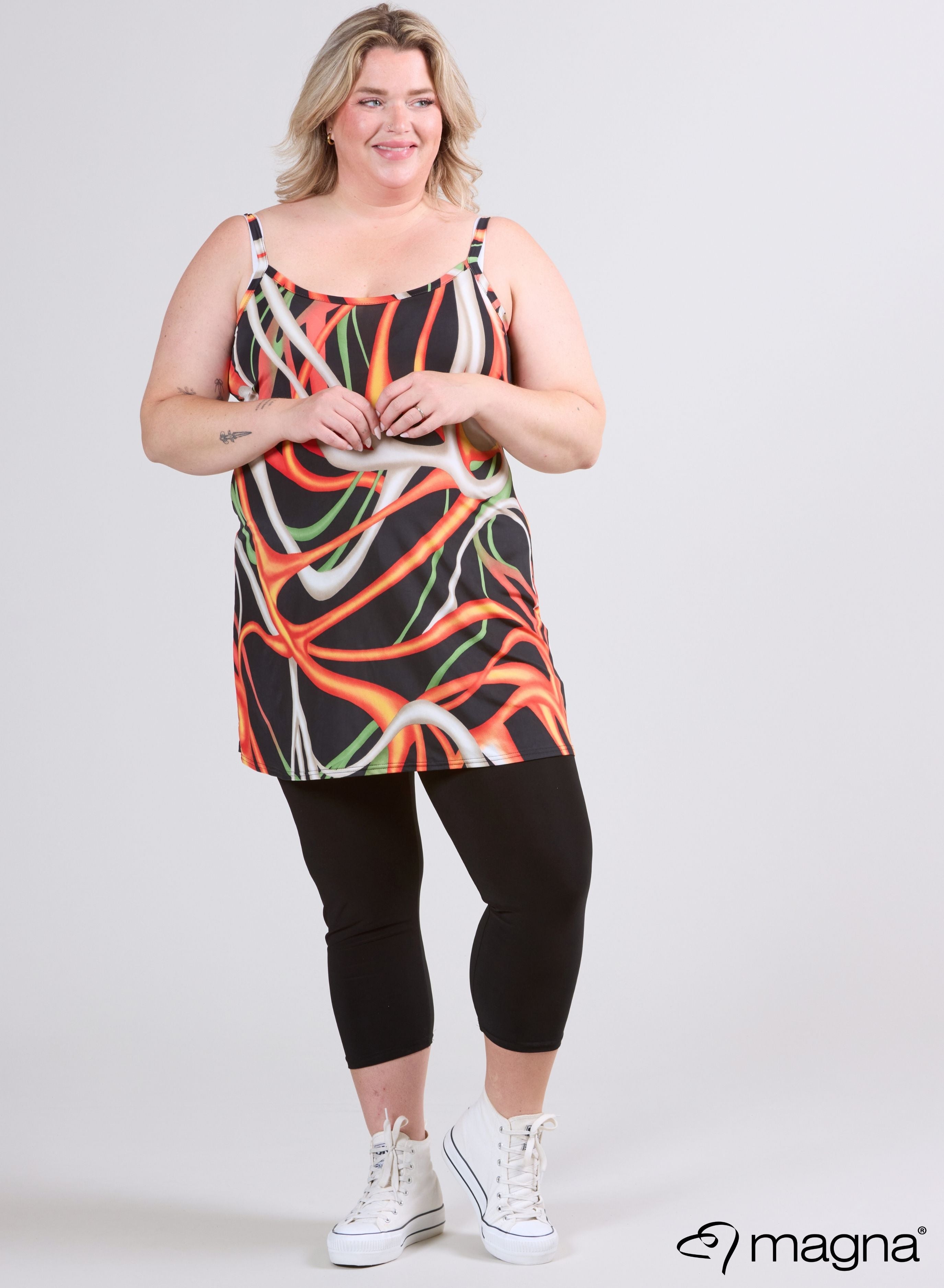 Magna Lange Spaghetti-Tunika Wellendruck Orange