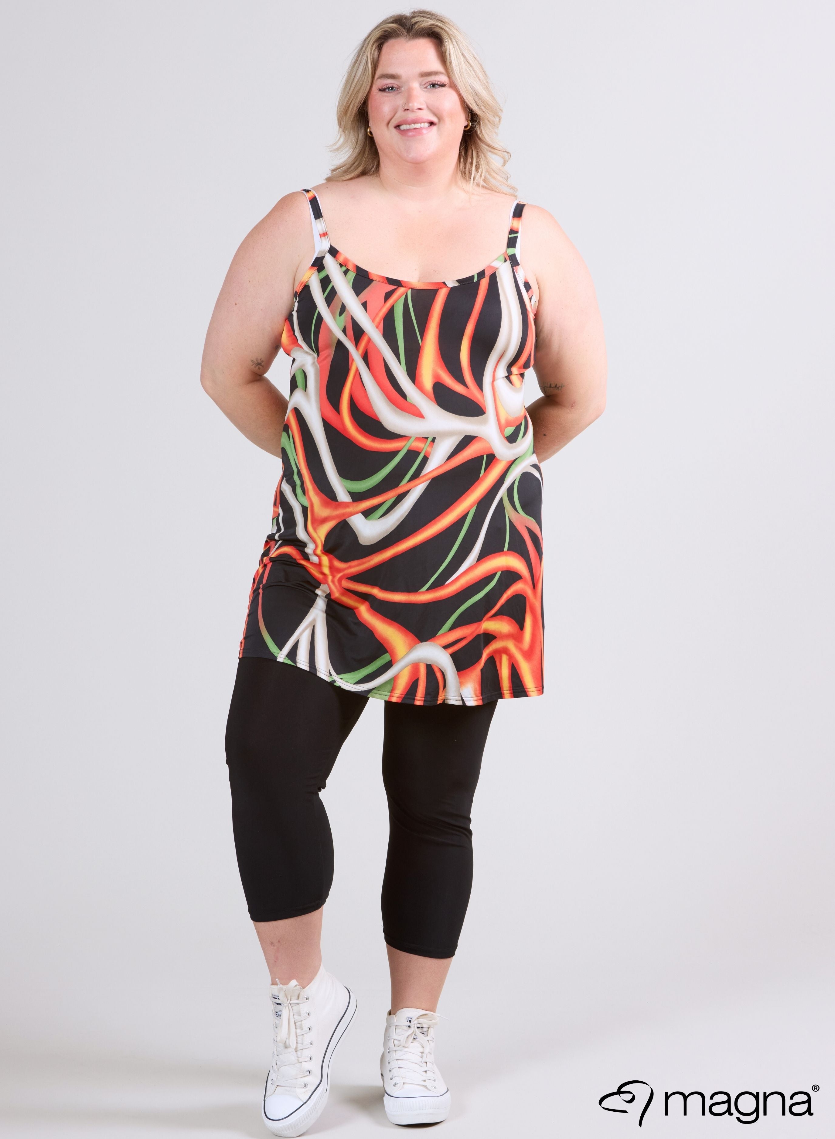 Magna Lange Spaghetti-Tunika Wellendruck Orange