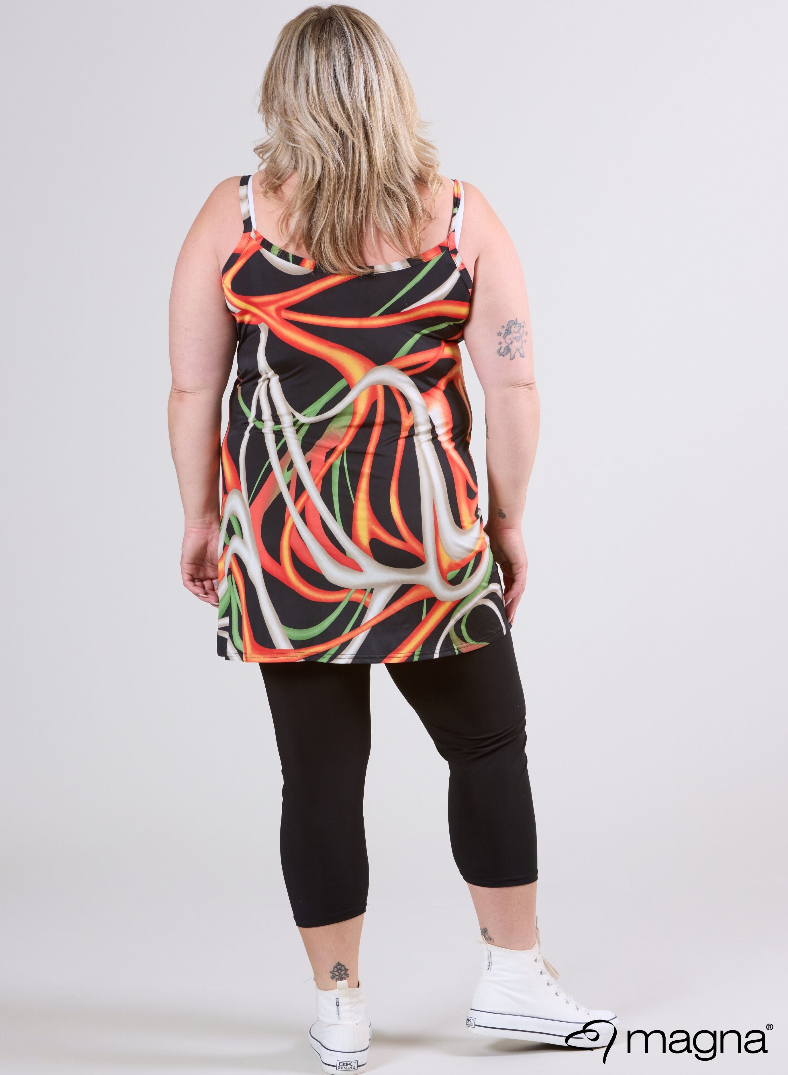 Magna Lange Spaghetti-Tunika Wellendruck Orange