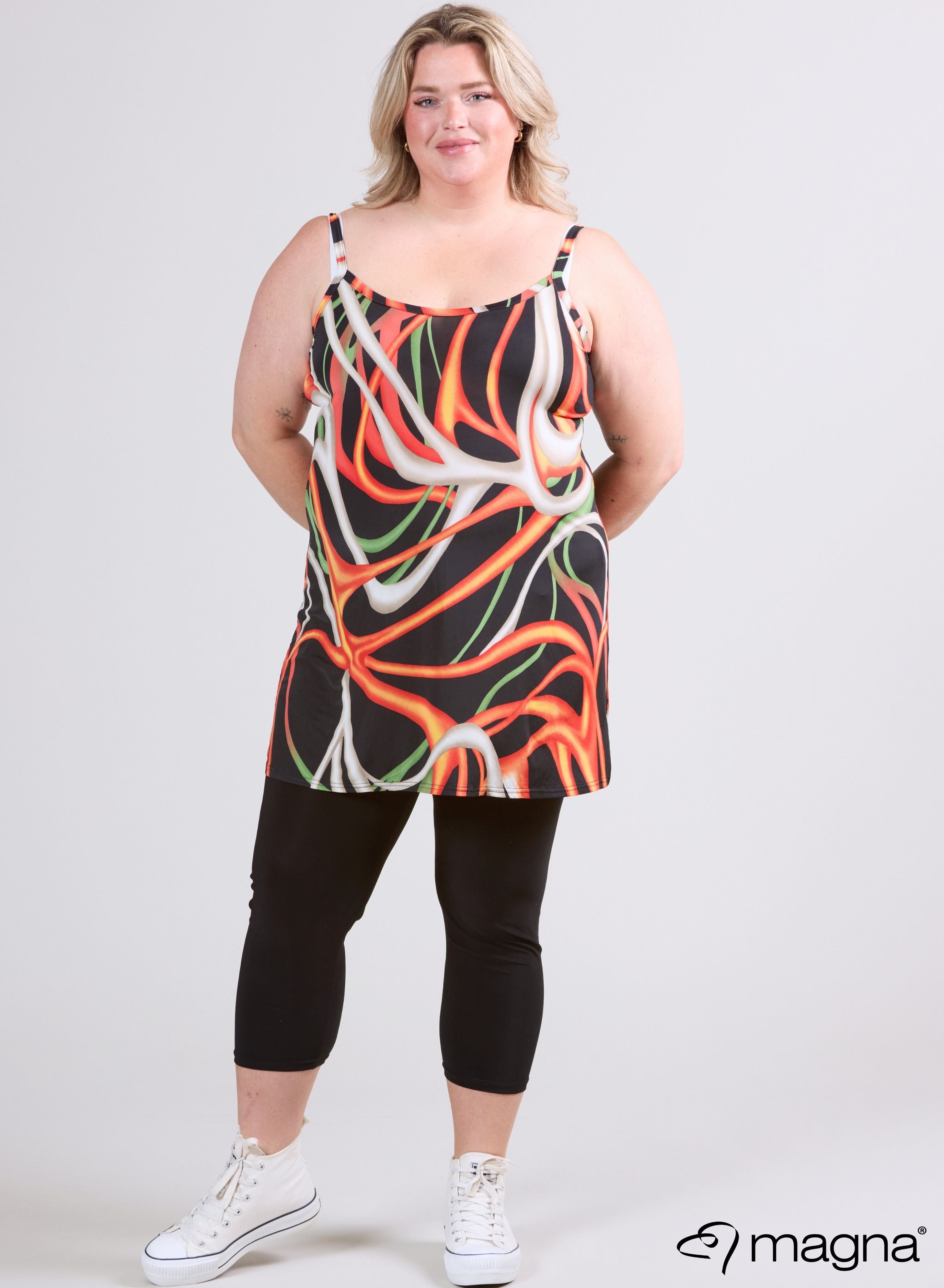Magna Lange Spaghetti-Tunika Wellendruck Orange