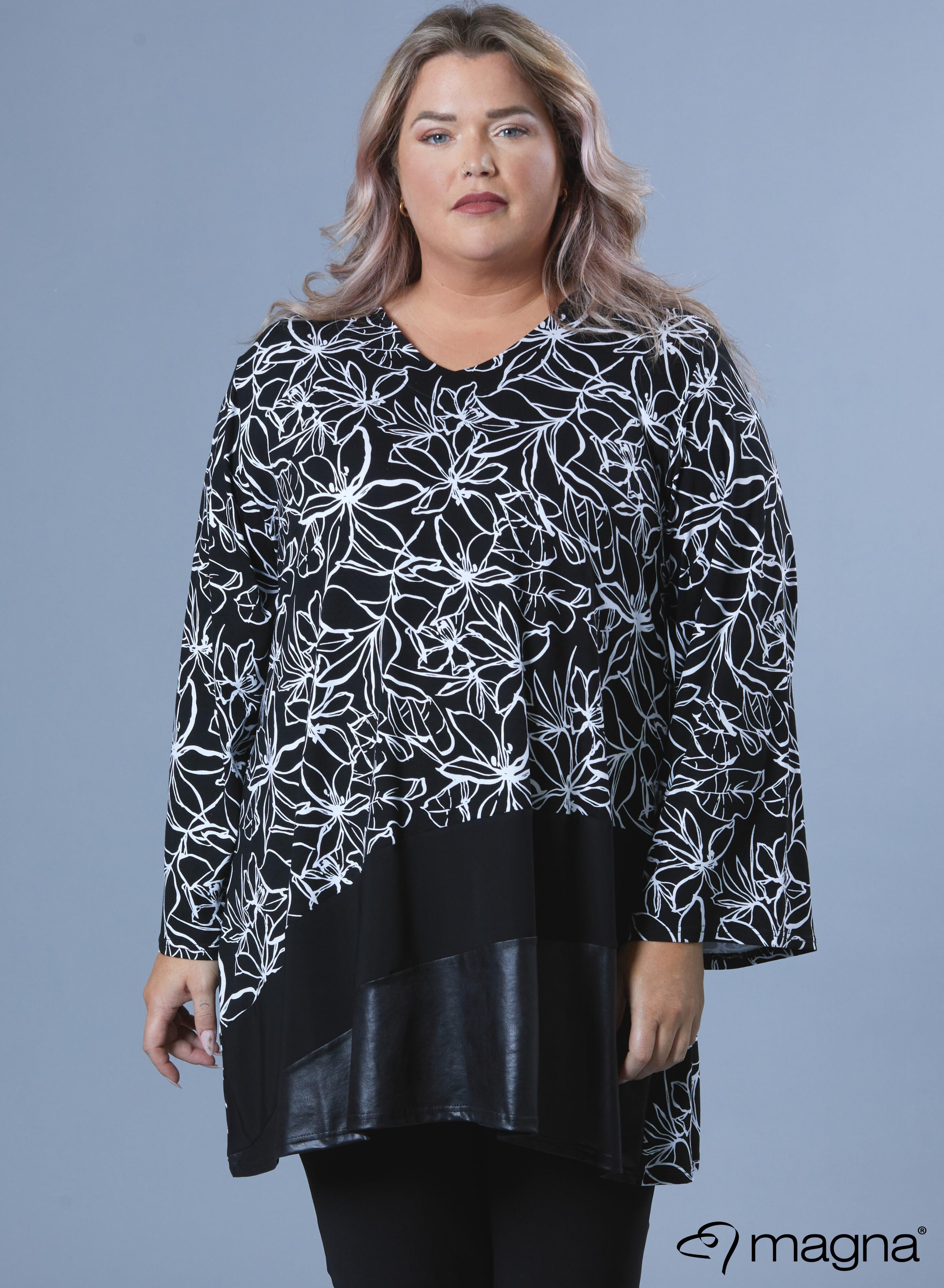 C-2024-VP - Viscose Printed Wide Tunic Leather Solid Combi Black and White Outlined Flower