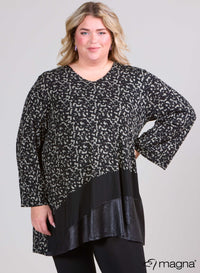 Magna Wide Tunic Leather Combination Deep Black Flower Sage Grey Print