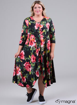 Magna A-Linien-Kleid mit Knopfleiste, großer roter Blumendruck