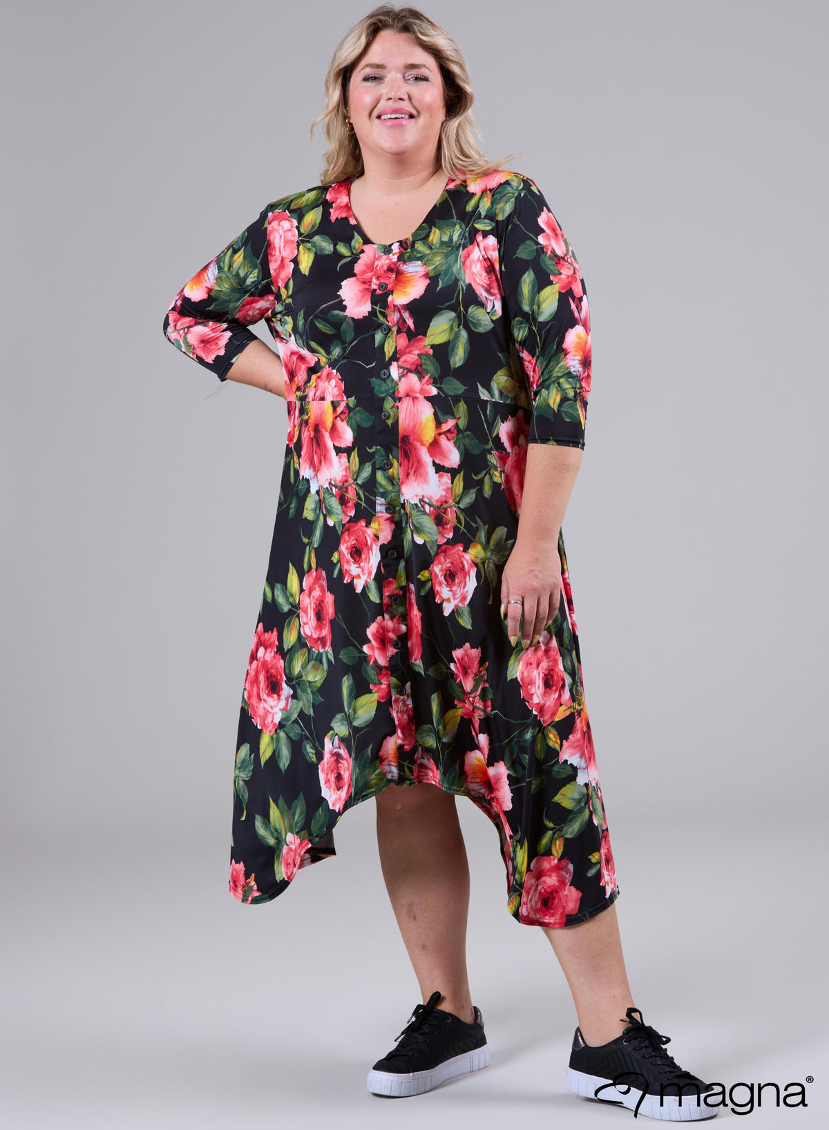 Magna A-Linien-Kleid mit Knopfleiste, großer roter Blumendruck
