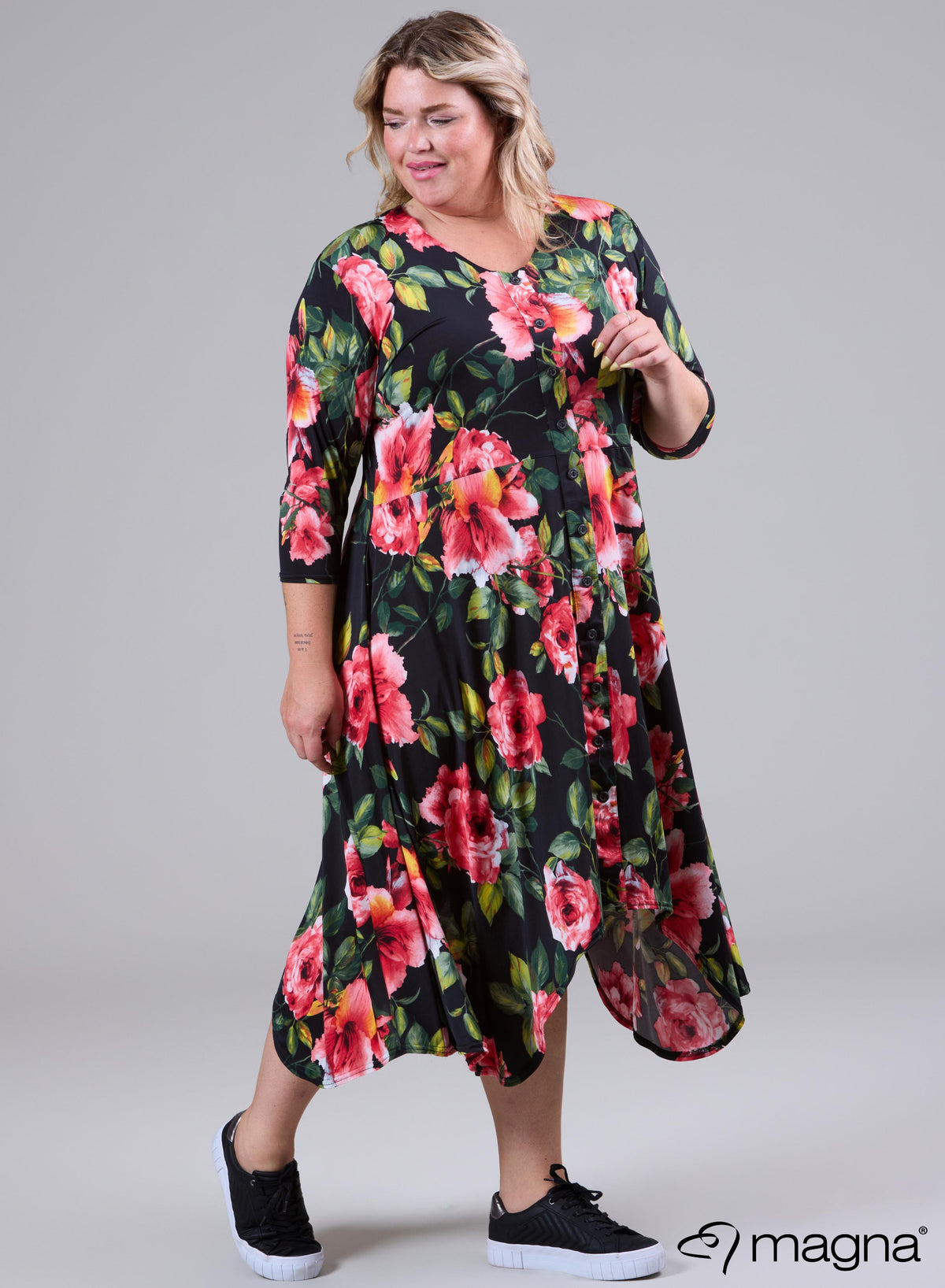 Magna A-Linien-Kleid mit Knopfleiste, großer roter Blumendruck