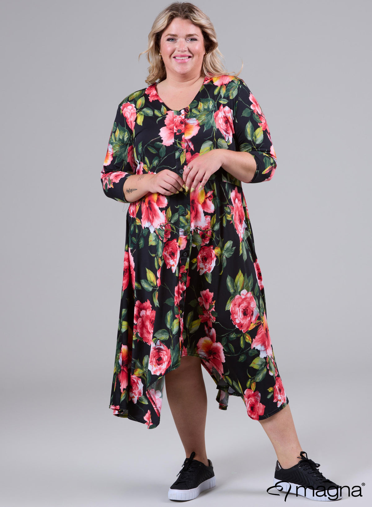 Magna A-Linien-Kleid mit Knopfleiste, großer roter Blumendruck
