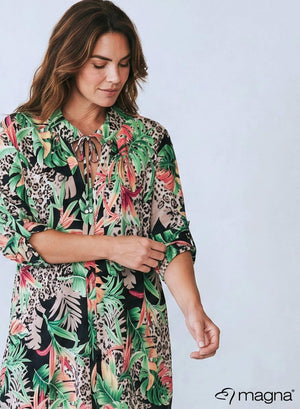 Magna Flowy String Tunic Green Jungle Leaves