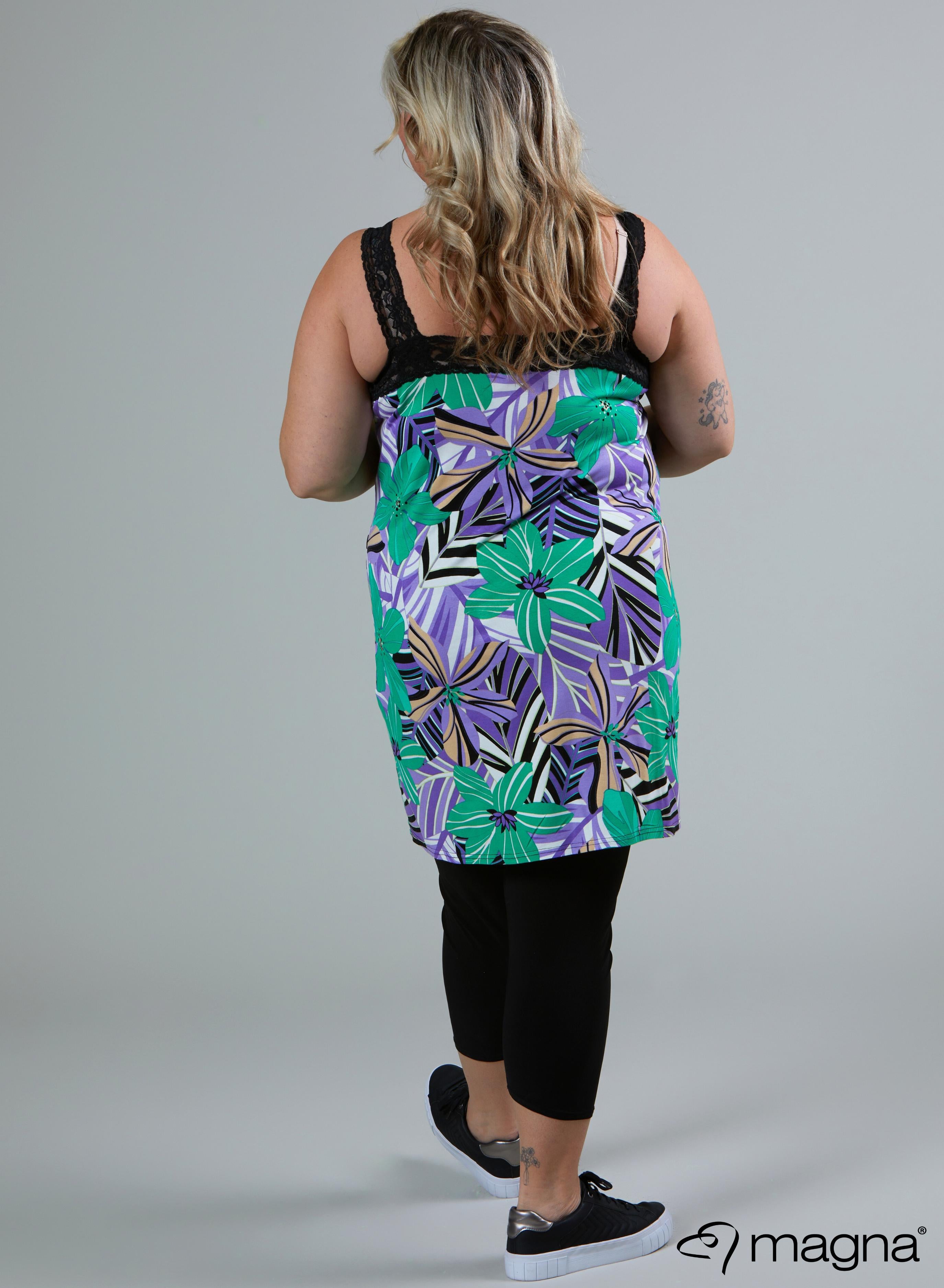 Langes Spitzentop Magna, lila-grünes Blumendesign