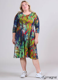 Magna Jacquard Mesh Lange A-lijn Jurk Cirkel Patch Groen Marine Blauw