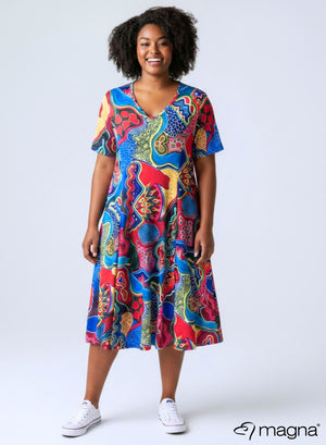Magna Long A-line Dress Red Blue Tribal Art