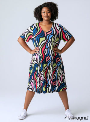 Magna Long A-line Dress Bold Lines Waves Lime Sky