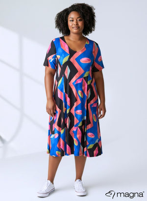 Magna Long A-line Dress Mixed Shapes Roza Blue