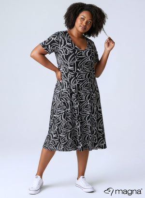 Magna Long A-line Dress Black and White Feathers