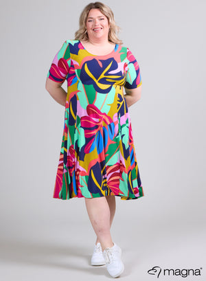 Magna Long A-line Dress Big Leaves Design Magenta Mint