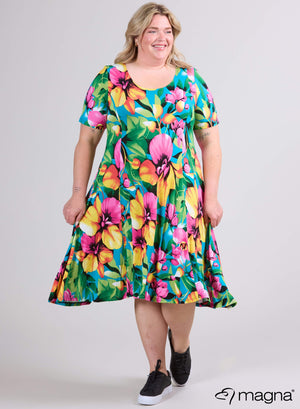 Magna Langes A-Linien-Viskosekleid Große Blume Rosa & Grün