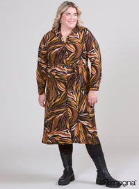 Magna Printed Long A-line Stretchy Belt Dress Colorful Zebra Khaki