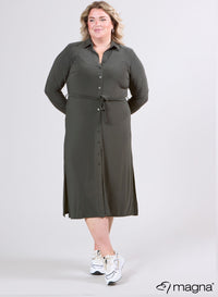 Magna Long A-line Stretchy Belt Dress Khaki