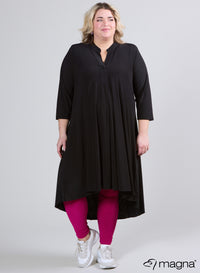 Magna A-lijn jurk met hoge en lage zoom, effen zwart