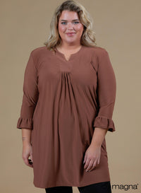 Magna Ruffle Sleeve and Pleated Neck A-line Tunic Camel