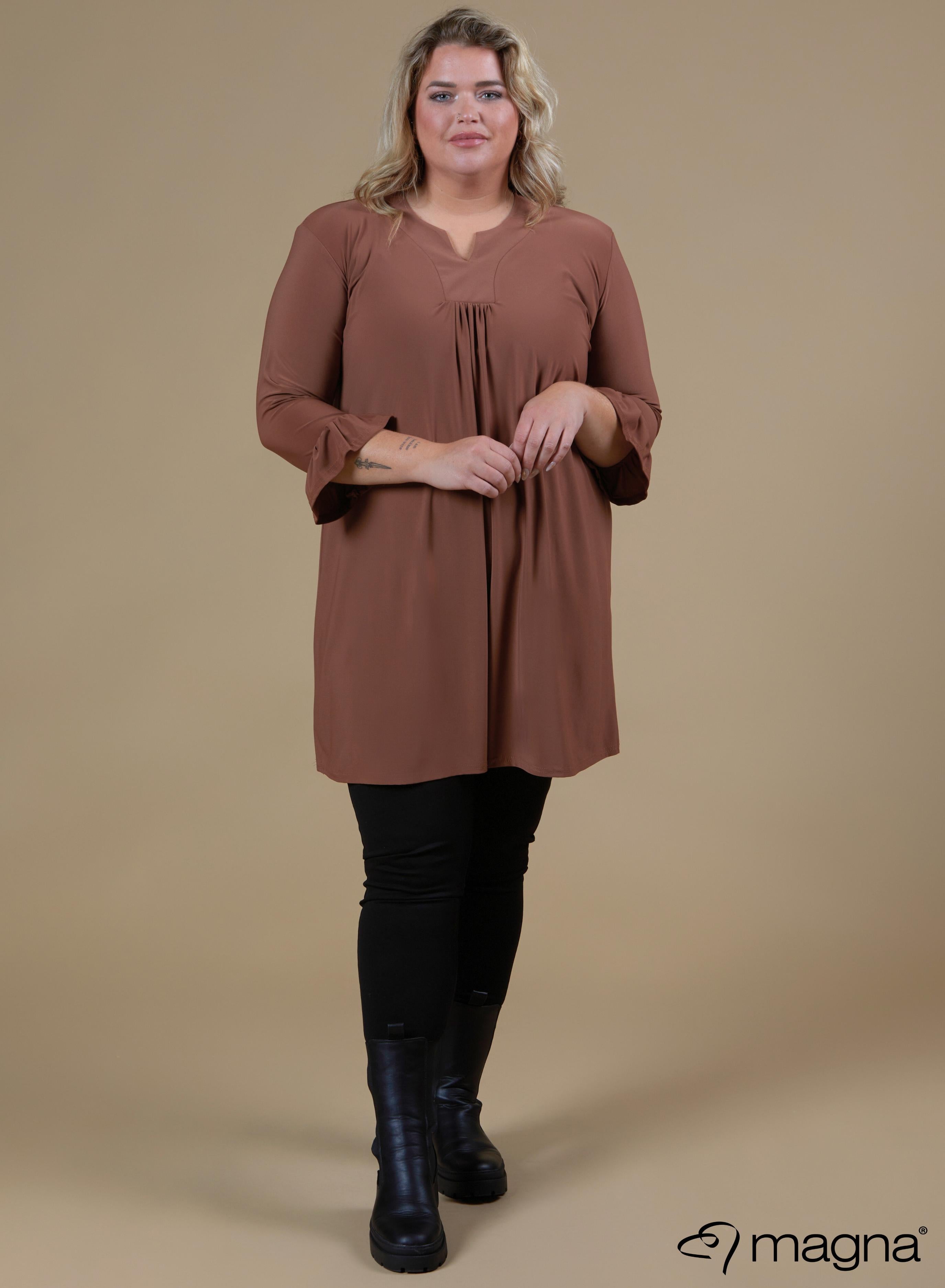 Magna Ruffle Sleeve and Pleated Neck A-line Tunic Camel