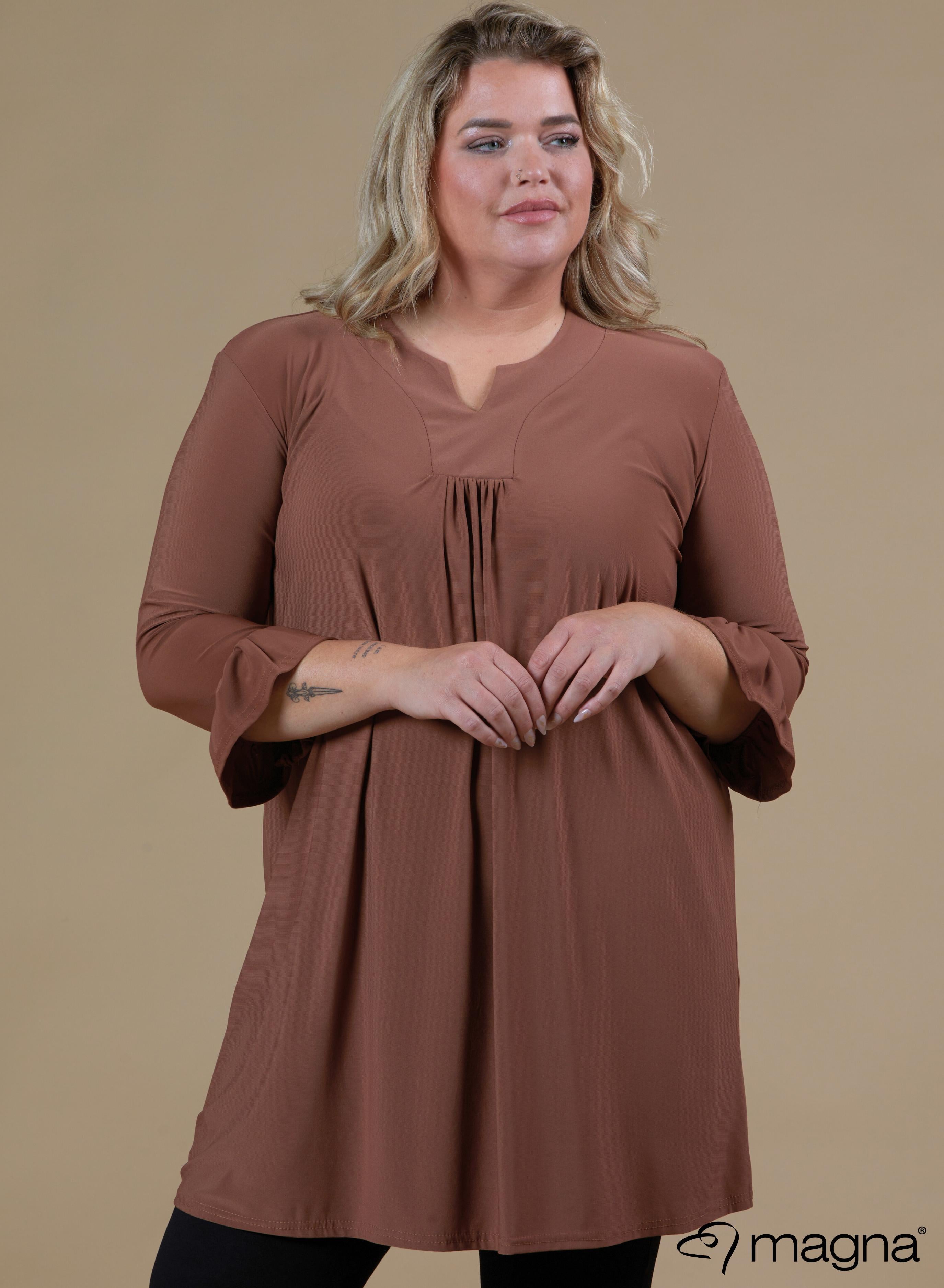 Magna Ruffle Sleeve and Pleated Neck A-line Tunic Camel