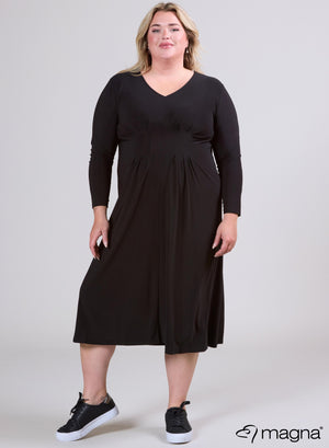 Langes Magna-Kleid mit plissierten Taillendetails, Schwarz