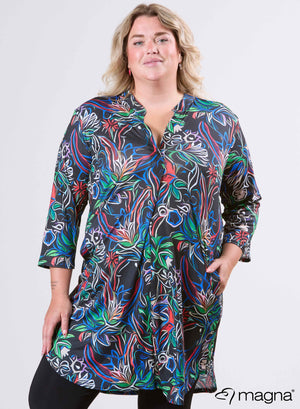 Magna A-Line Long Pocket Tunic Flower Multicolor Blue