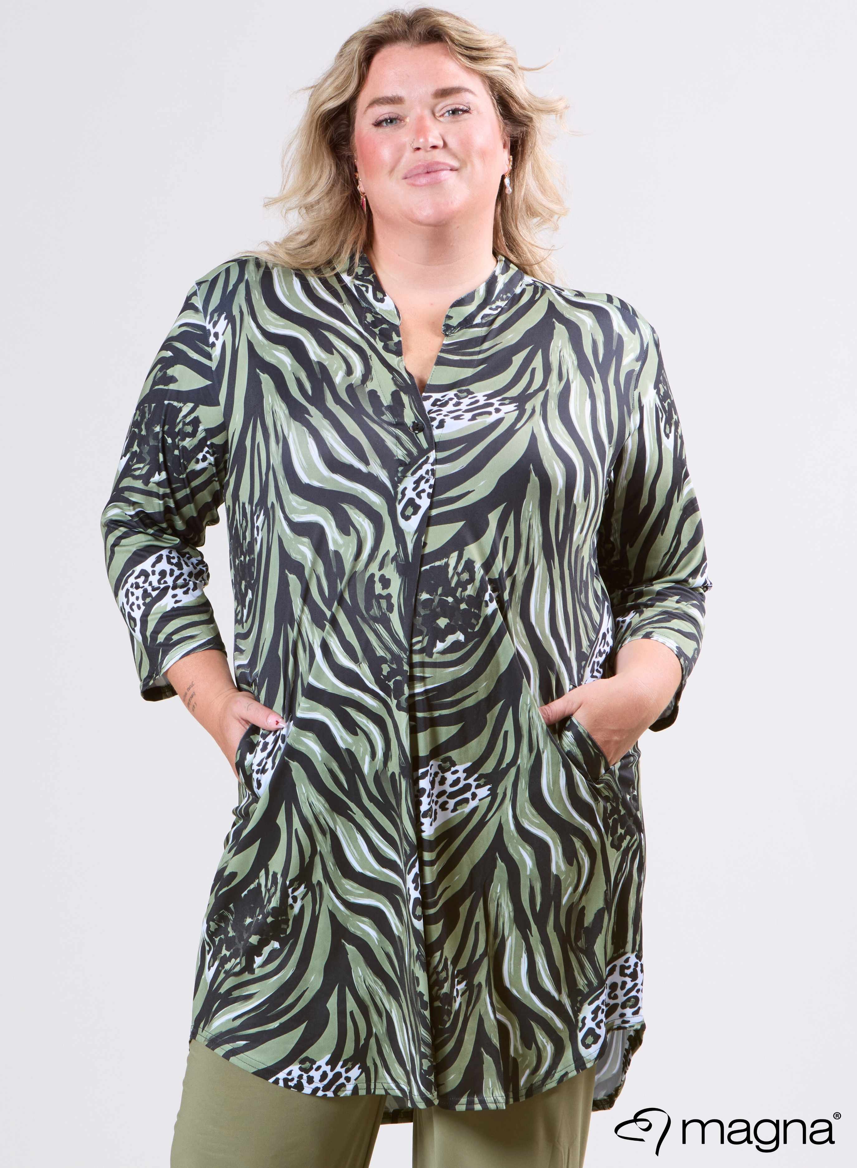 Magna A-lijn Lange Tuniek met Zakken Animal Waves Groen