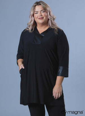 Magna V-hals tuniek met leerlook details, zwart