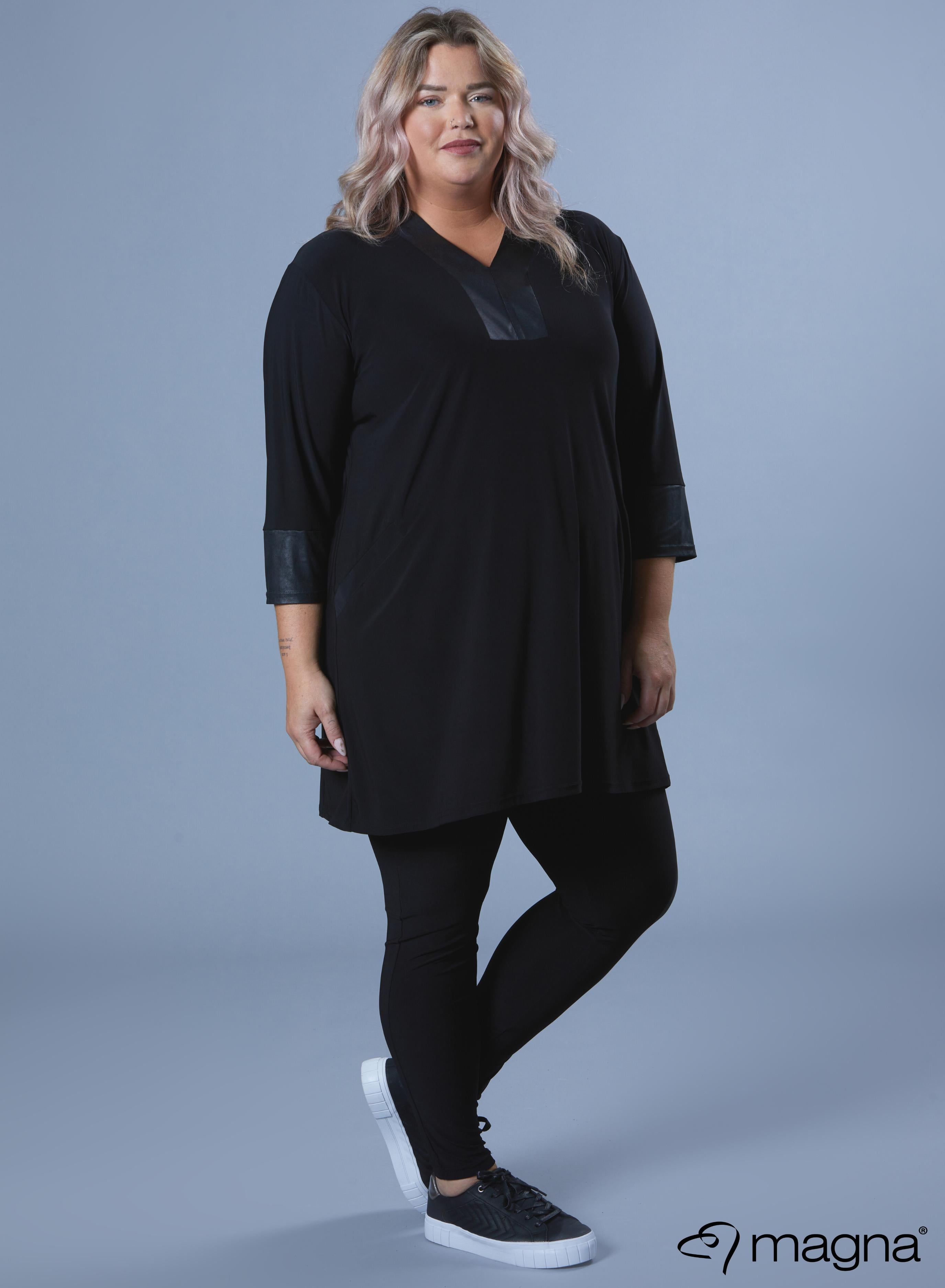 Magna V-neck Leather Look Detail Tunic Black