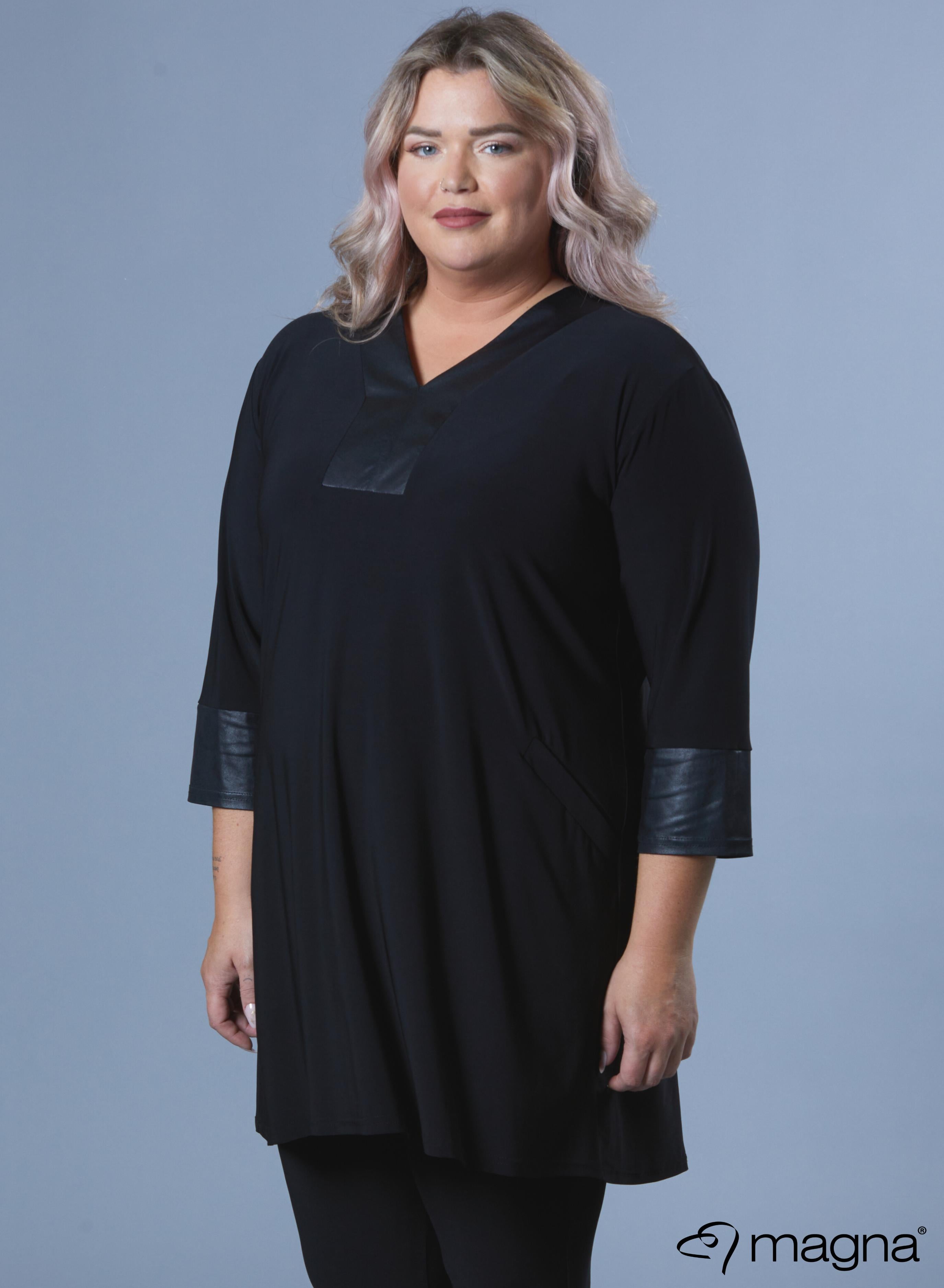 Magna V-neck Leather Look Detail Tunic Black