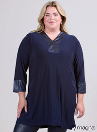 Magna V-neck Leather Look Detail Tunic Navy