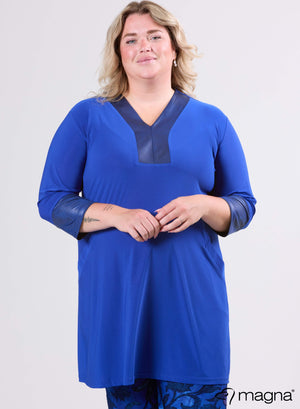 Magna V-hals tuniek met lederlook details, koningsblauw