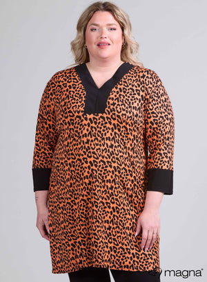 Magna V-hals tuniek met zakken, oranje met luipaardprint