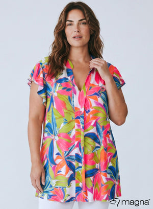 C-2305 - Mouwloze tuniek met ruches en bloemenprint (Fluo Flowers Roze Blauw)
