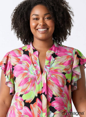 C-2305 - Mouwloze tuniek met ruches en neonbloemenprint - Roze