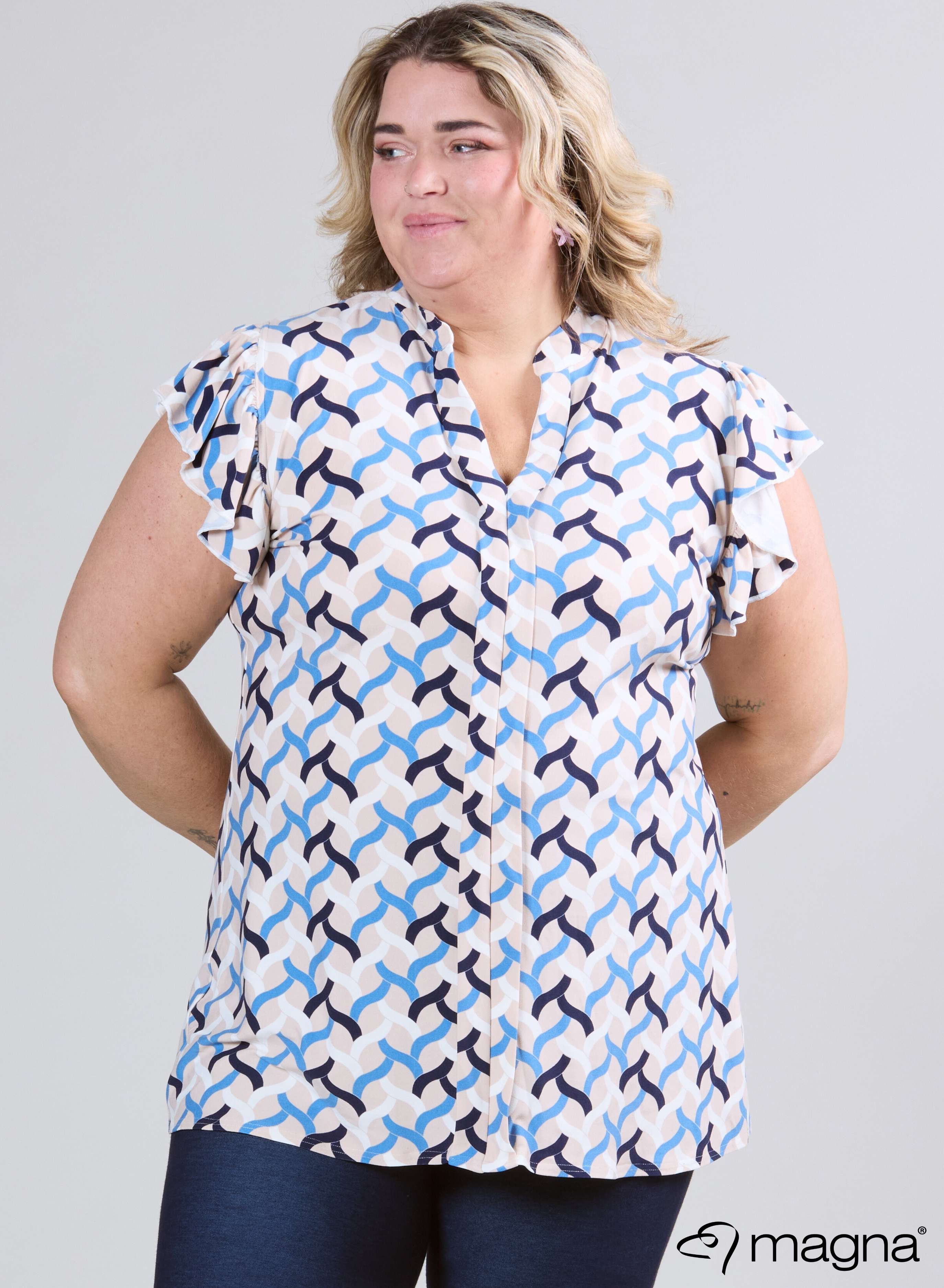 Magna Sleeveless Frill Tunic Woven Design Blue Sand