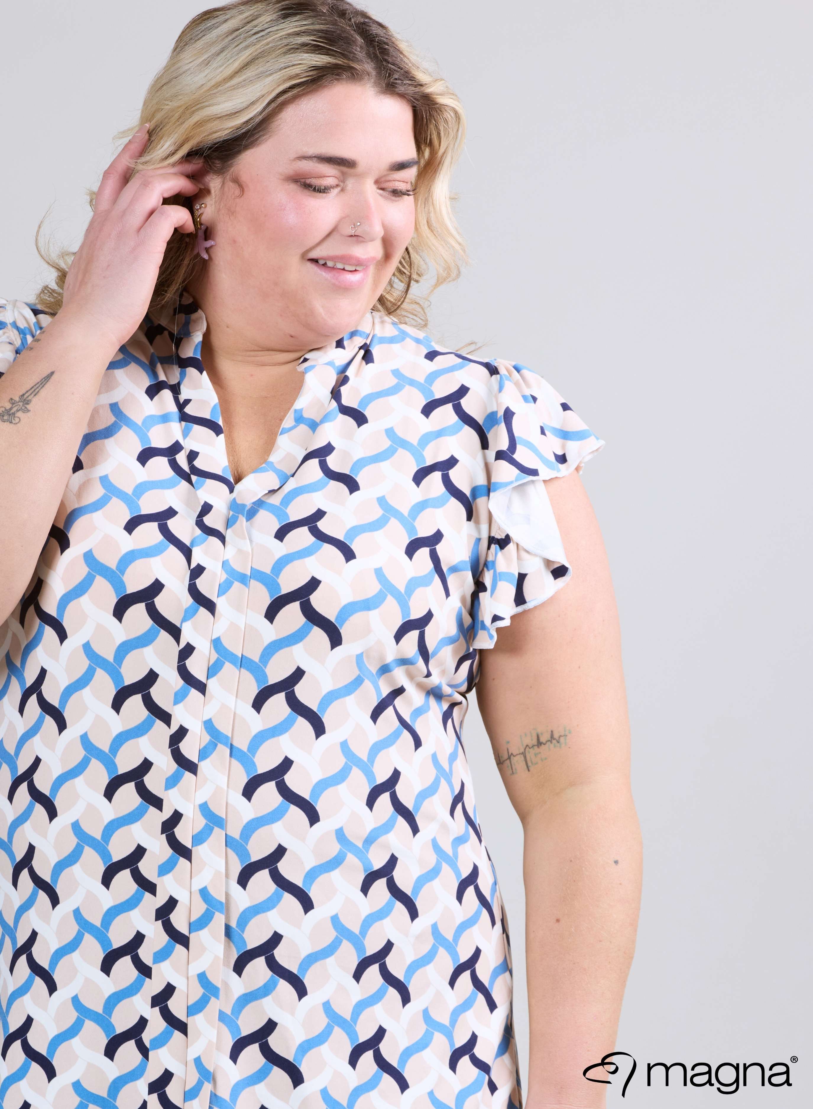 Magna Sleeveless Frill Tunic Woven Design Blue Sand