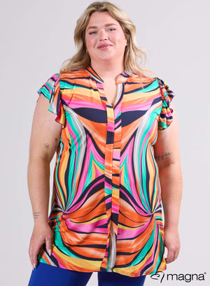 Magna mouwloze tuniek met ruches, oranje met regenboogprint