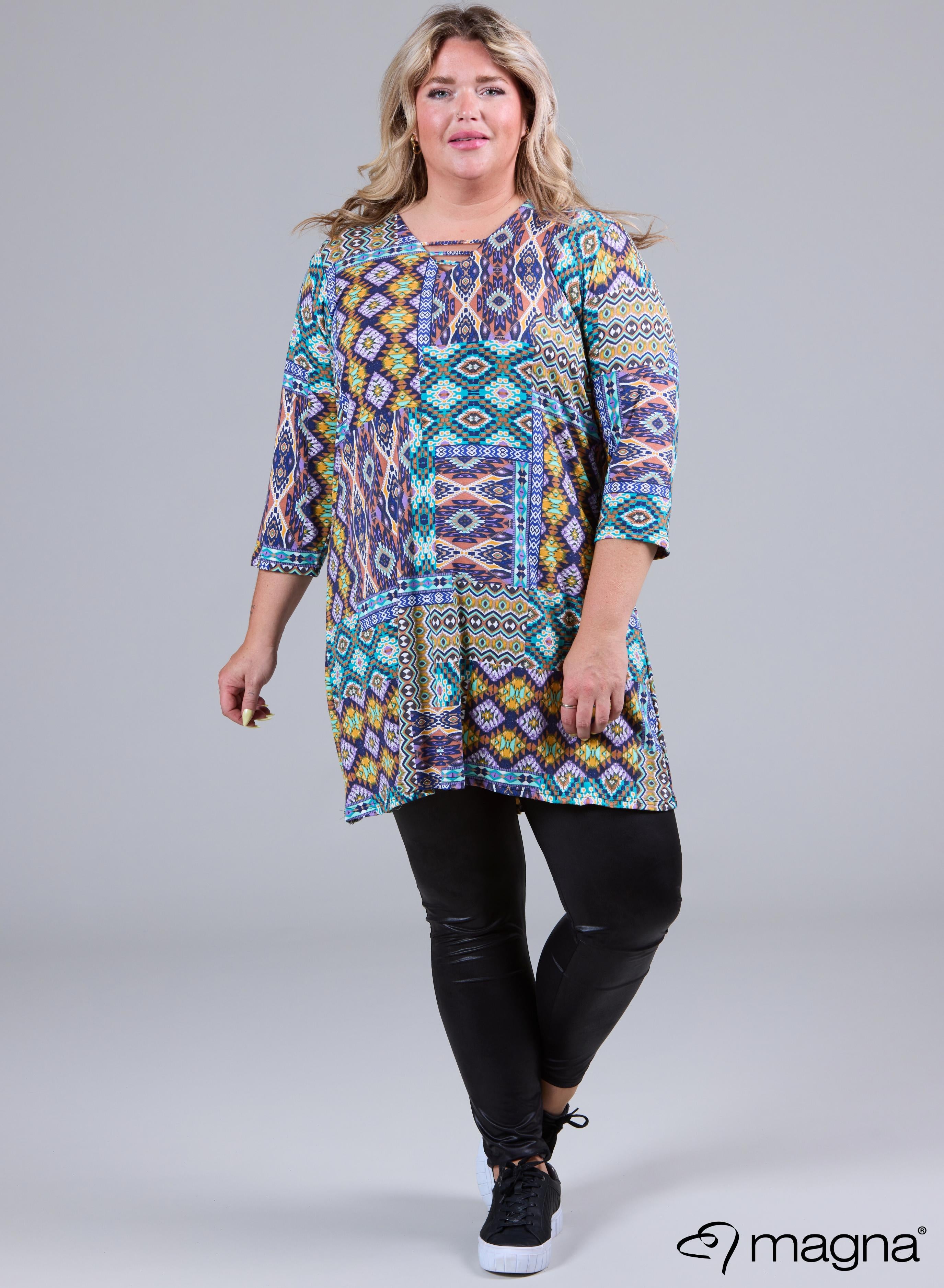 C-2320 Viscose Printed Relaxed V-Strap Tunic Aztec Aqua Purple