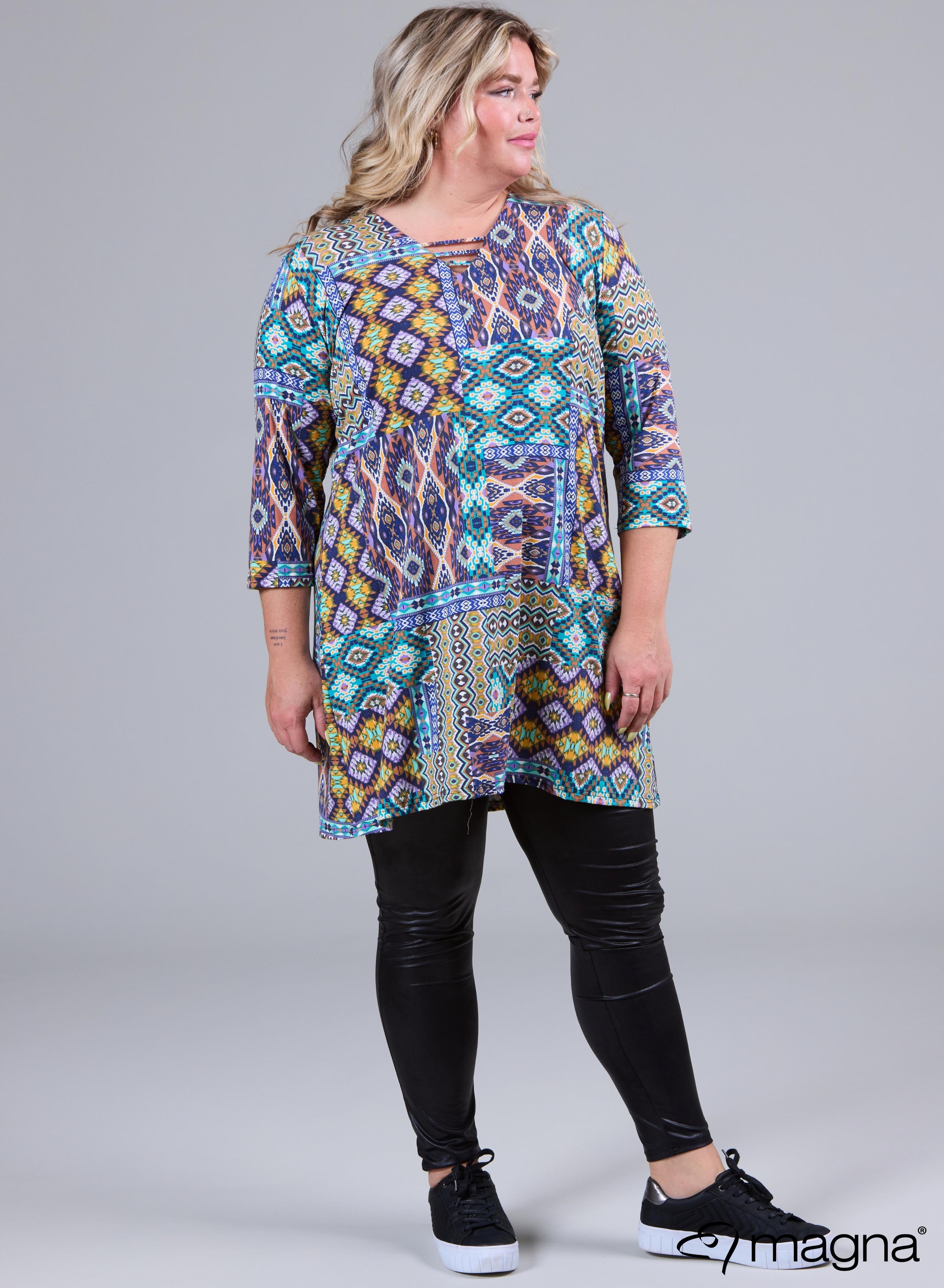 C-2320 Viscose Printed Relaxed V-Strap Tunic Aztec Aqua Purple