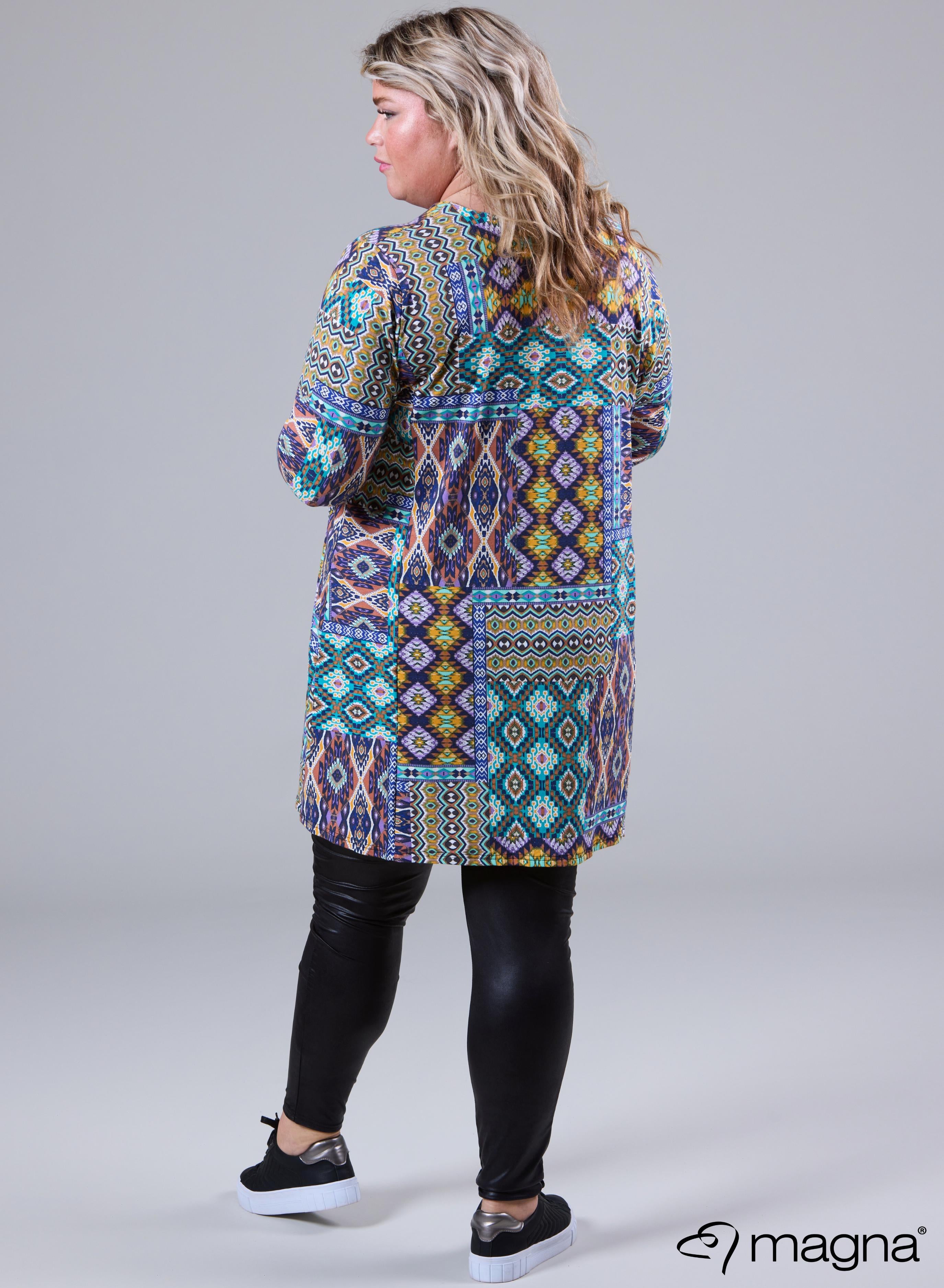 C-2320 Viscose Printed Relaxed V-Strap Tunic Aztec Aqua Purple